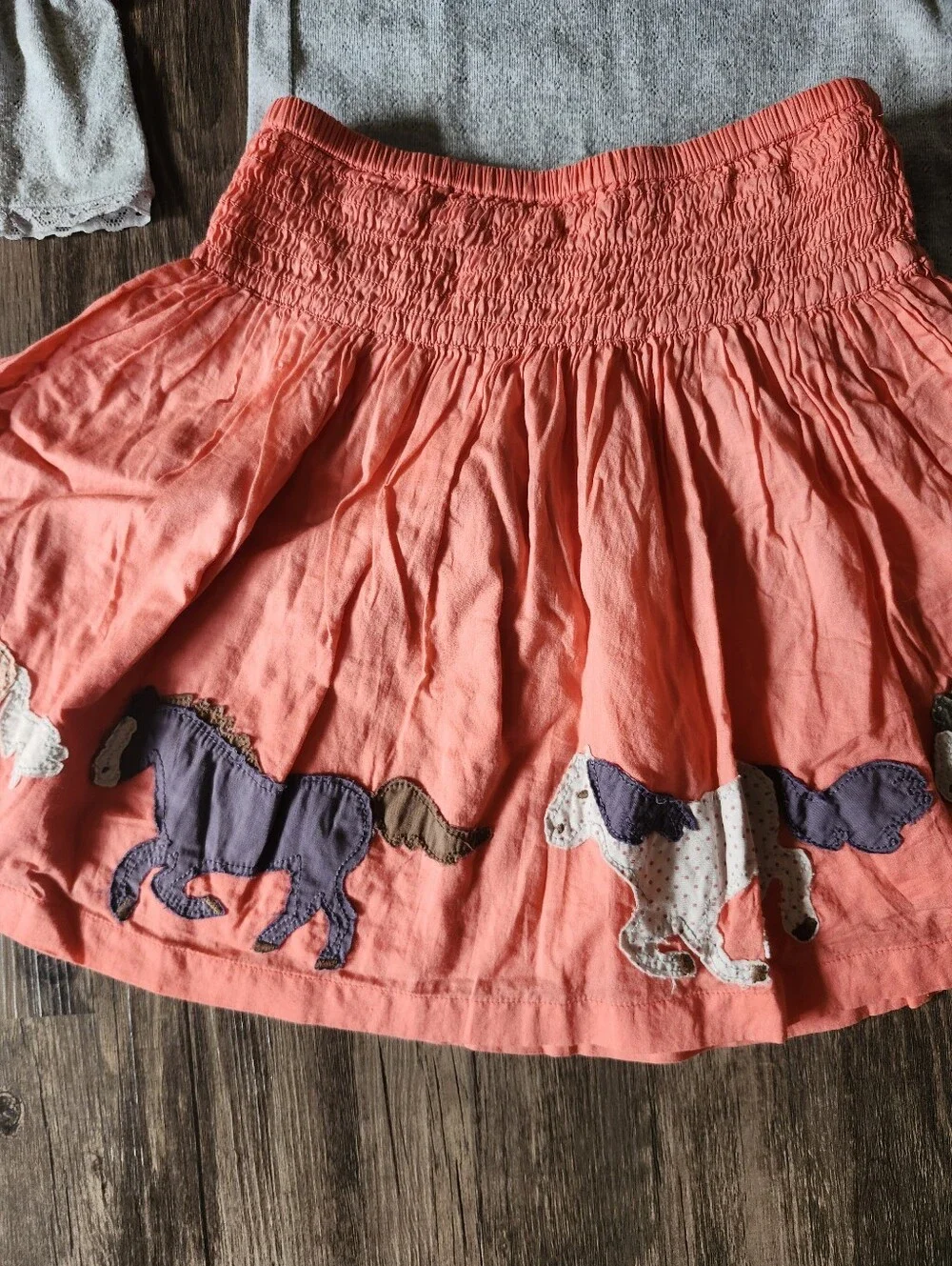 Mini Boden Coral Skirt with Horse Appliqués And Grey Long Sleeved Shirt